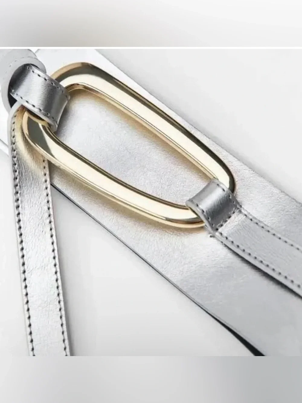 Zara Metallic Silver Wide Waist Belt with Gold-Tone Loop Buckle